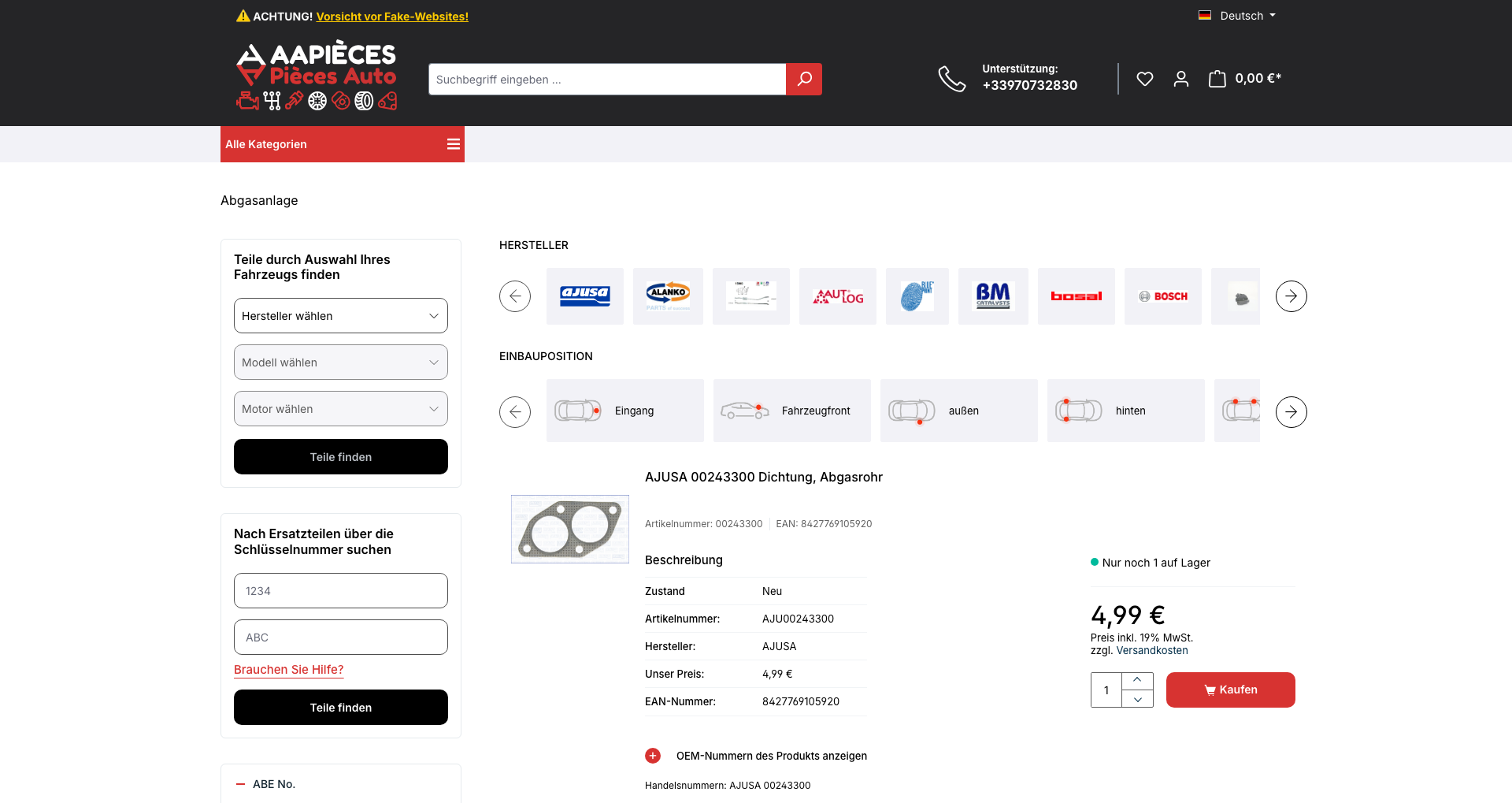 AAteile category page with manufacturer and fitting position filters